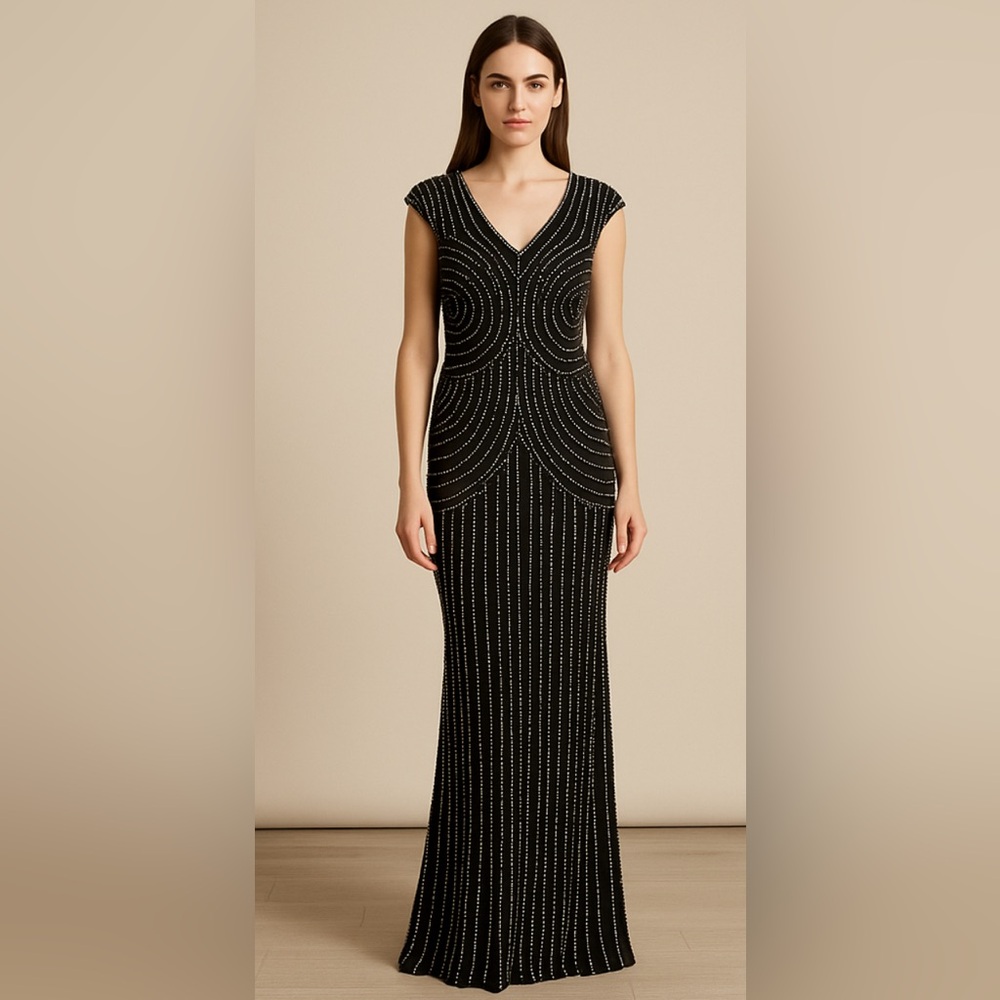 Parker Black Fully Beaded Art Deco Evening Gown Mesh Illusion Maxi Dress Size 4